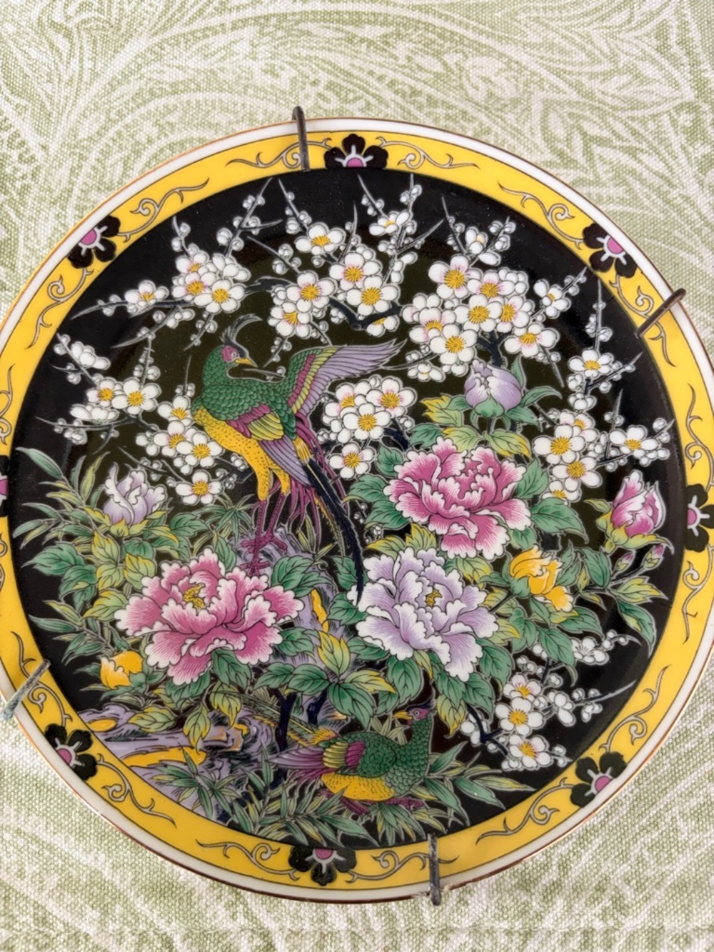 Japanese Floral & Pheasant Ceramic Wall Plate in Black and Yellow